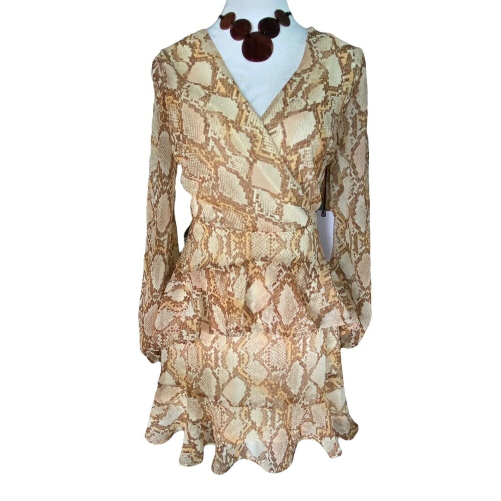 Nordstrom LEITH Dress Tan  Cream Snake  Ruffle Tiered NWT Size S Long Sleeves